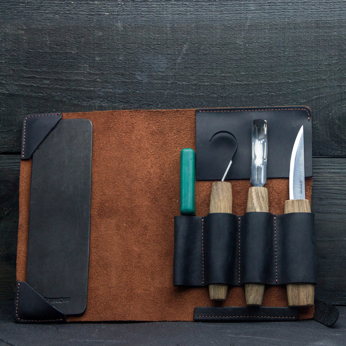 5 Piece Extended Carving Set in Genuine Leather Tool Roll