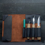 5 Piece Extended Carving Set in Genuine Leather Tool Roll