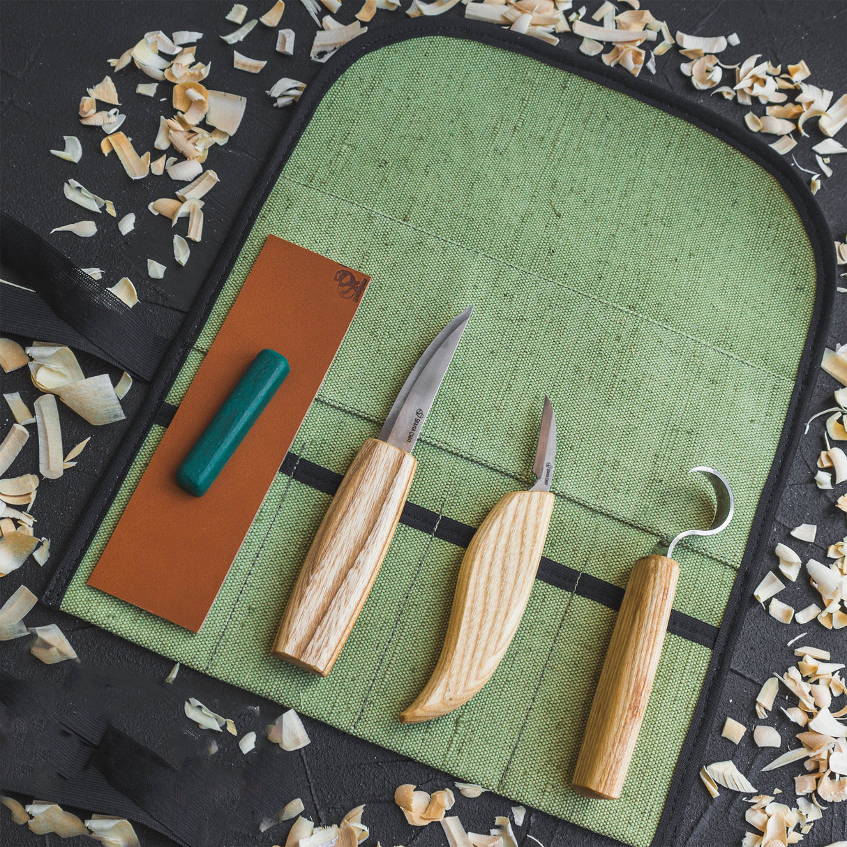 5 Piece Extended Spoon Carving Set in Canvas Tool Roll